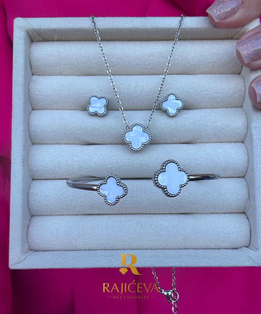 Sedef-srebrni Sefora set – ogrlica, narukvica i minđuše od hirurškog nerđajućeg čelika sa detelinama