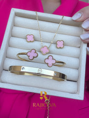 Sefora set nakita roze od hirurškog čelika sa detelinama – ogrlica, narukvica i minđuše + Love narukvica