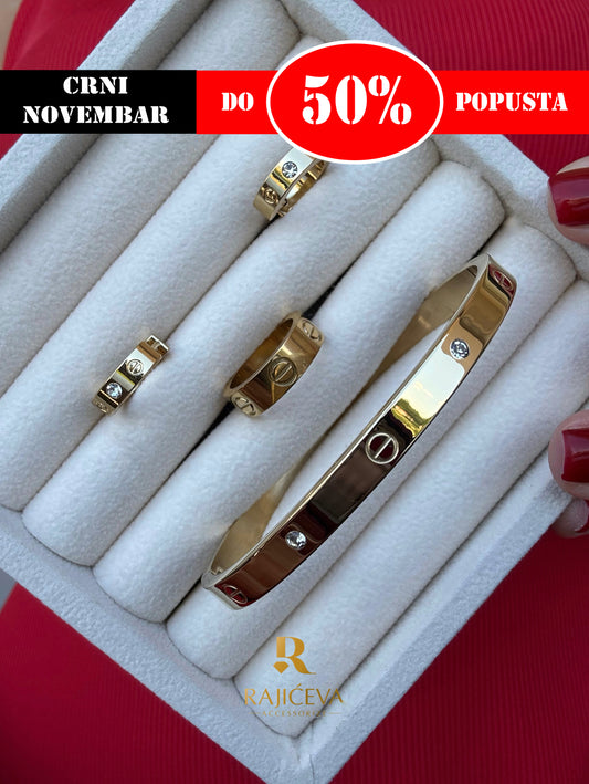 Love set nakita od hirurškog čelika u zlatnoj boji – narukvica, prsten i minđuše