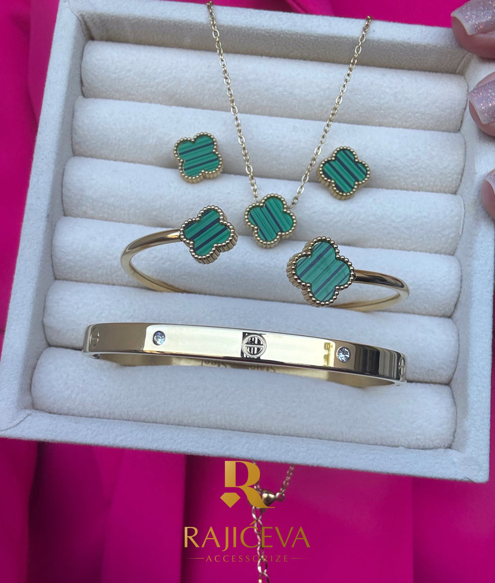 zeleno zlatni set nakita sa detelinama Sefora 316L hirurški nerđajući čelik